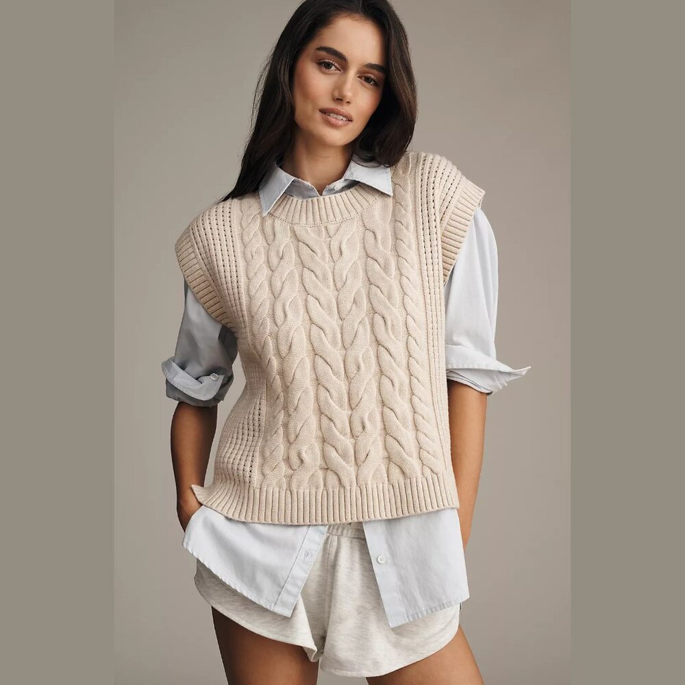 NEW Varley Size L - Women's Pixie Relaxed Cable-Knit Sweater Vest - Parchment